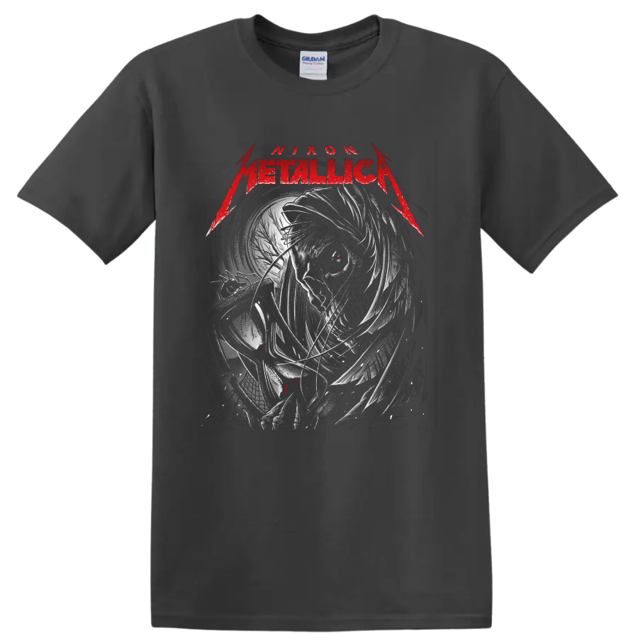 Metallica Nixon Father Time portrait with distressed clockwork art and red accents on a Charcoal T Shirt