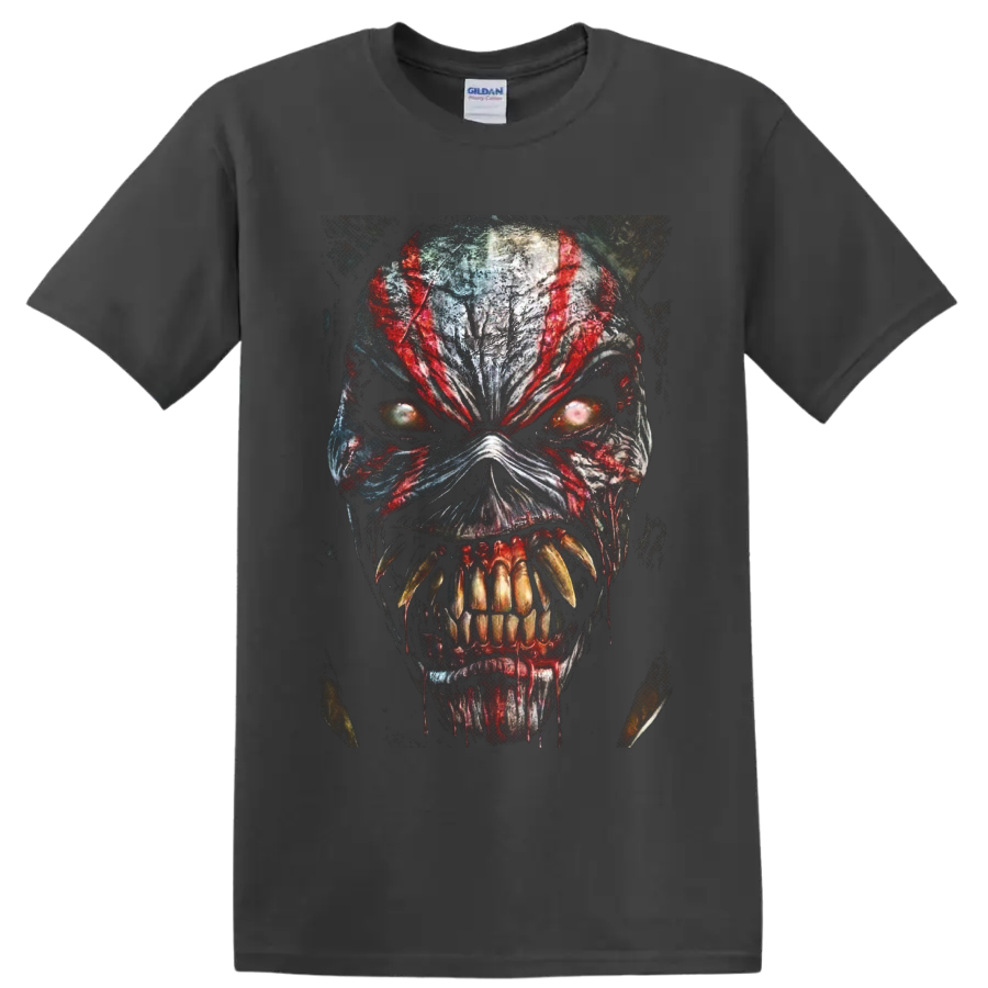 Eddie the Head horror monster portrait graphic with red streaks and glowing eyes on a Charcoal T Shirt