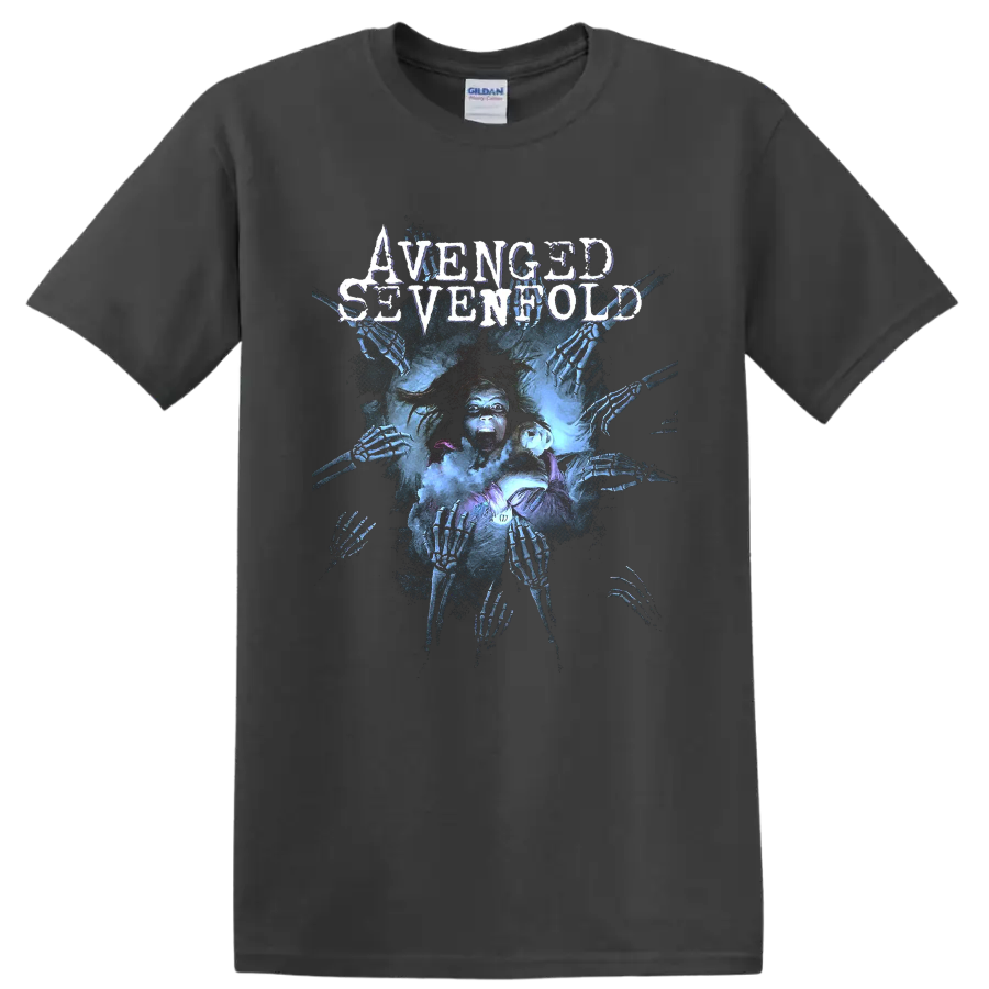 Avenged Sevenfold distressed logo over a haunted figure and reaching skeletal hands on a Charcoal T Shirt