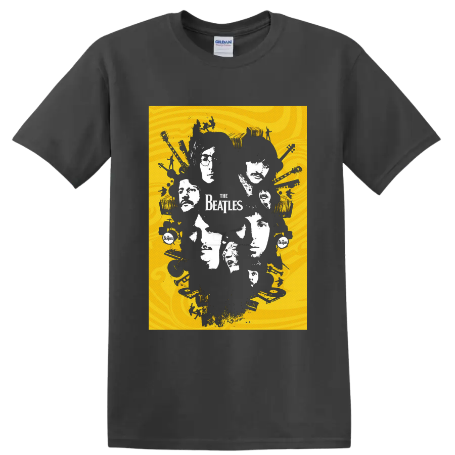 The Beatles four-member portrait collage with guitars, drums, records, and band logo on a Charcoal T Shirt
