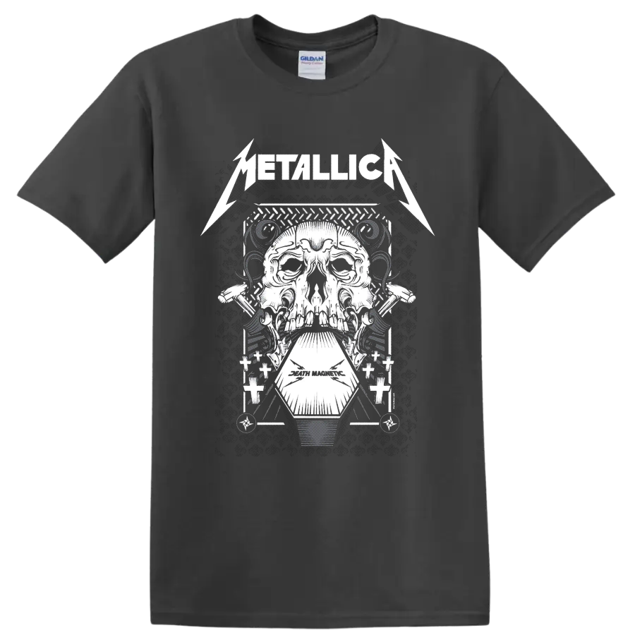 Metallica Death Magnetic skull and coffin industrial heavy metal graphic on a Charcoal T Shirt