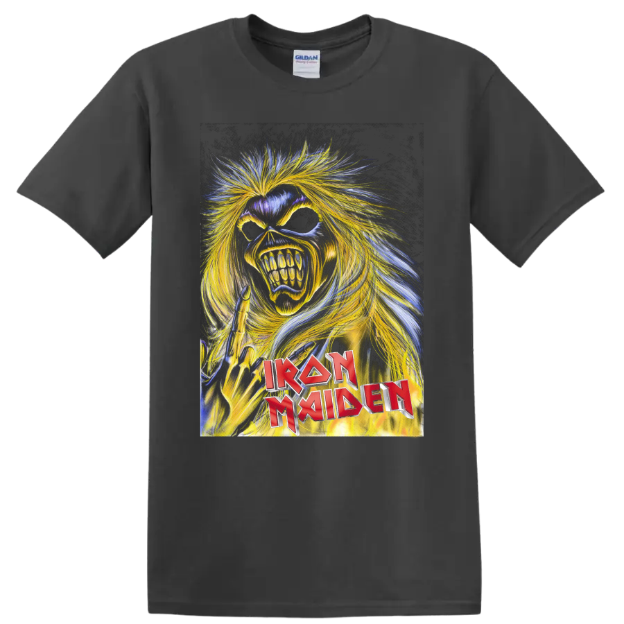 Iron Maiden Killers Eddie the Head snarling heavy metal mascot graphic on a Charcoal T Shirt
