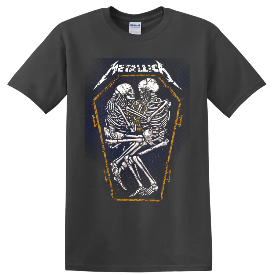 Metallica logo above distressed embracing skeletons in a coffin-shaped frame on a Charcoal T Shirt
