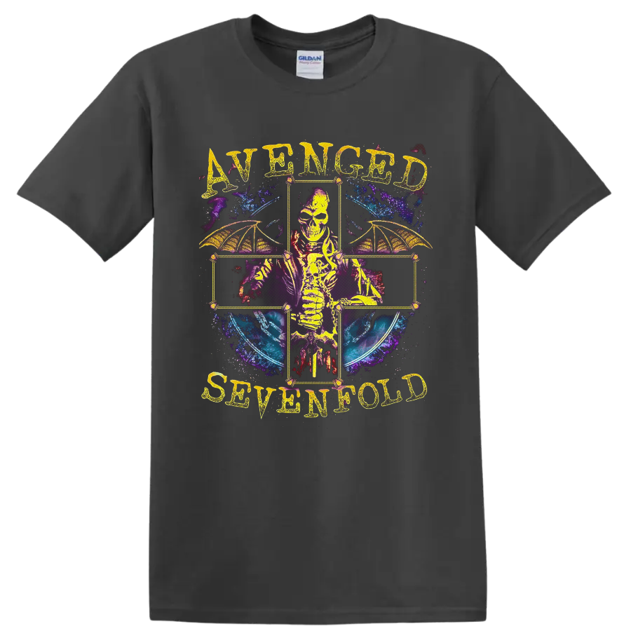 Avenged Sevenfold skeleton with bat wings in a cosmic gothic cross design on a Charcoal T Shirt