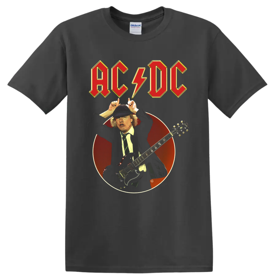 Angus Young AC/DC guitar portrait with lightning bolt logo and vintage red circle on a Charcoal T Shirt