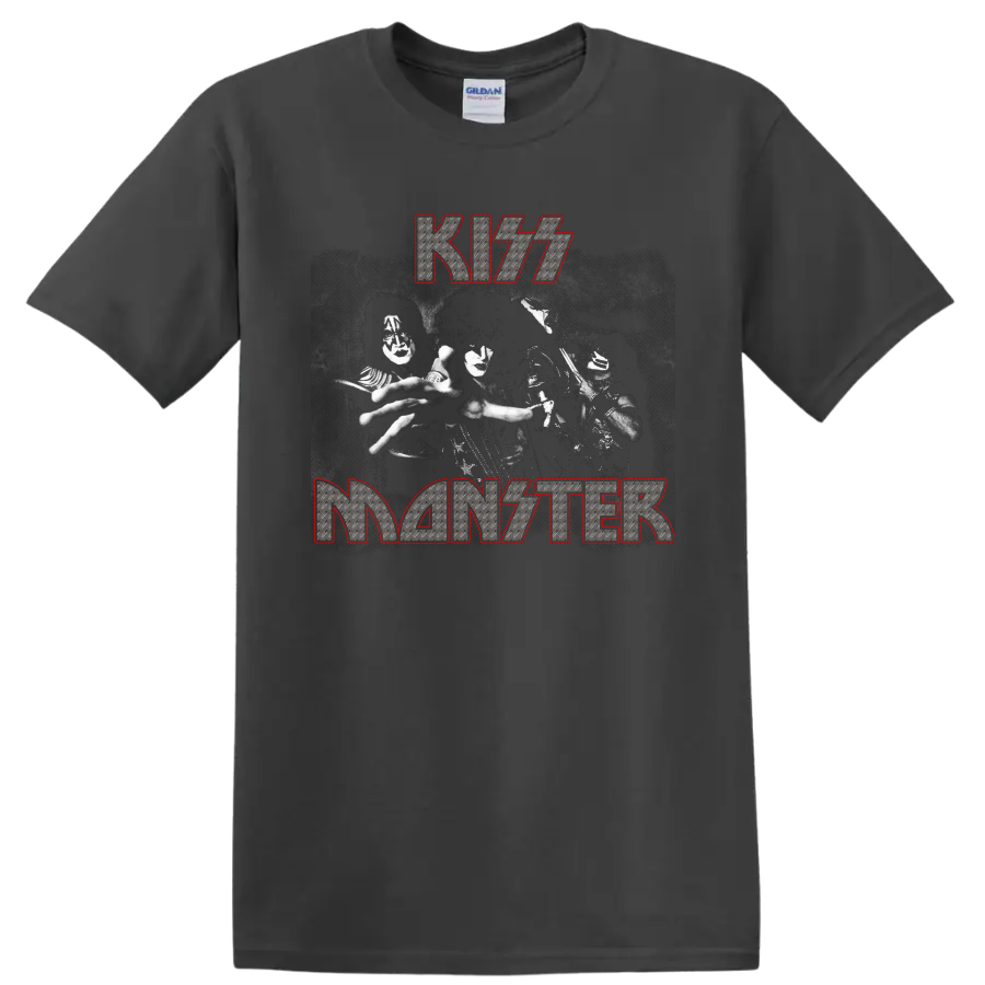 KISS Monster graphic with face-painted band image and distressed metallic lettering on a Charcoal T Shirt