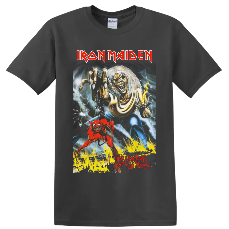 Painted Iron Maiden Eddie the Head with devil puppet, lightning, and flames on a Charcoal T Shirt
