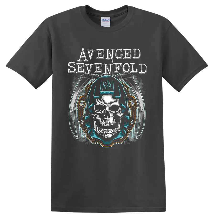 Avenged Sevenfold Holy Reaper skull wearing headphones with distressed band lettering on a Charcoal T Shirt