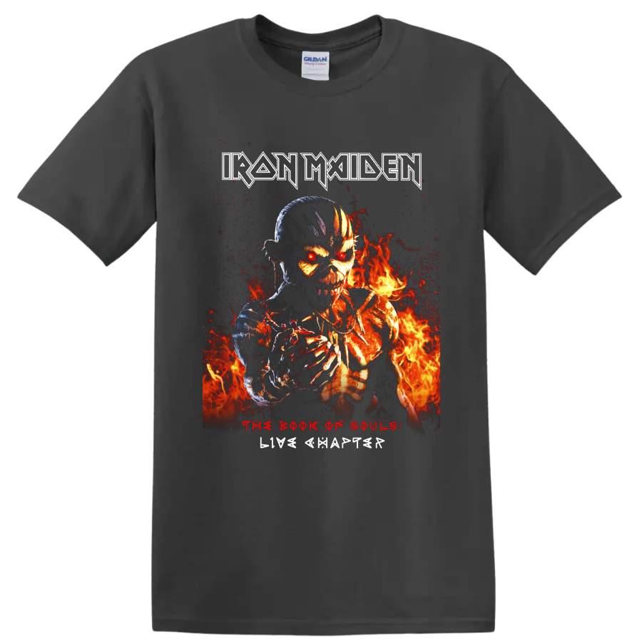 Iron Maiden Eddie in fiery skeletal artwork with The Book of Souls Live Chapter text on a Charcoal T Shirt