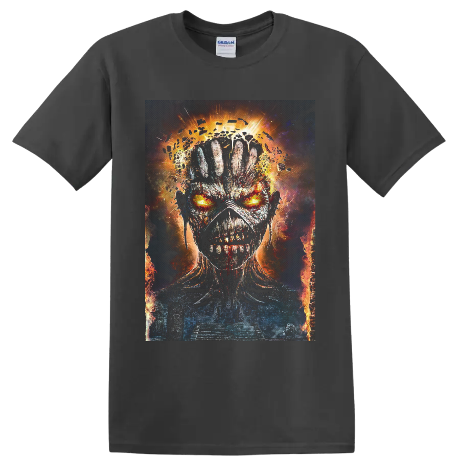 Eddie the Head fiery skull portrait with glowing eyes and cosmic embers on a Charcoal T Shirt