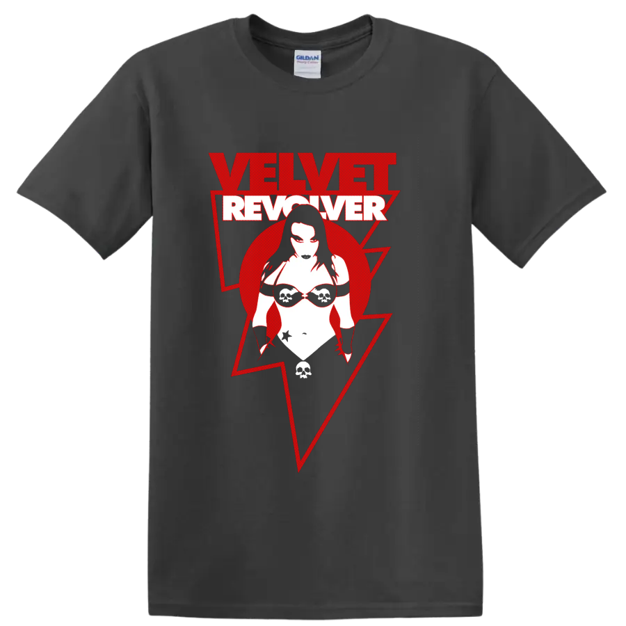 Velvet Revolver red and white distressed logo with stylized skull sunglasses figure on a Charcoal T Shirt