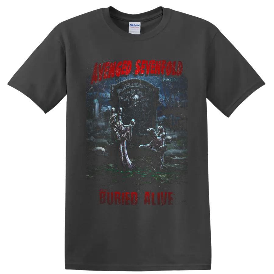 Avenged Sevenfold Buried Alive gothic graveyard art with skeletal hands and tombstone on a Charcoal T Shirt