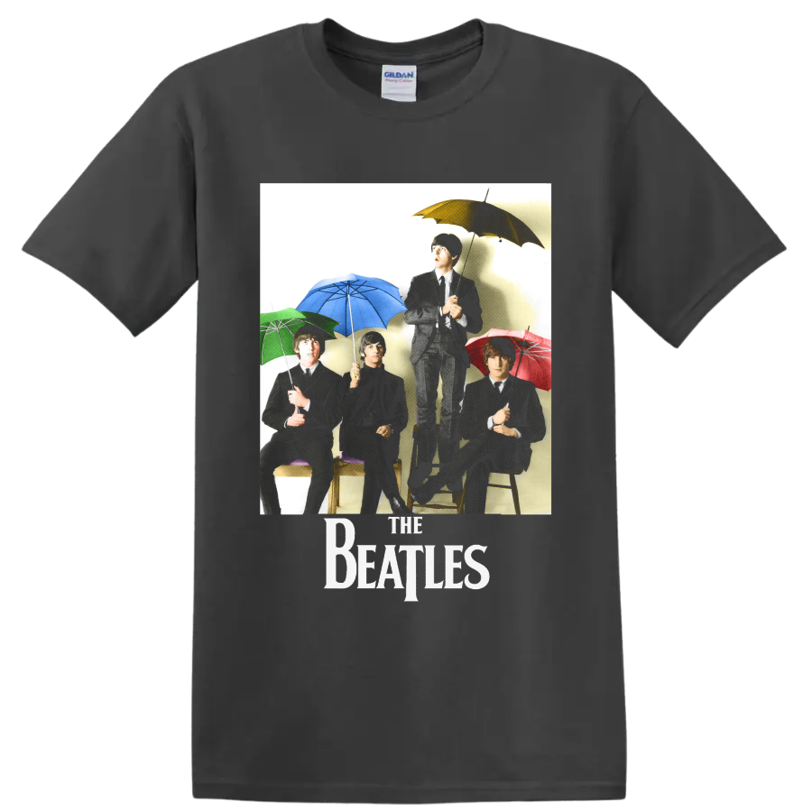 The Beatles vintage-style band portrait with colorful umbrellas and The Beatles logo on a Charcoal T Shirt