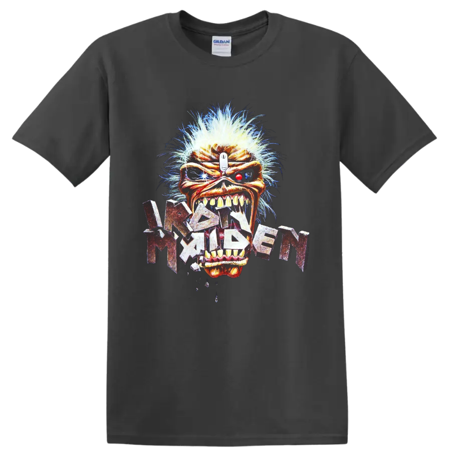 Iron Maiden Eddie the Head cybernetic-style heavy metal graphic with distressed band on a Charcoal T Shirt