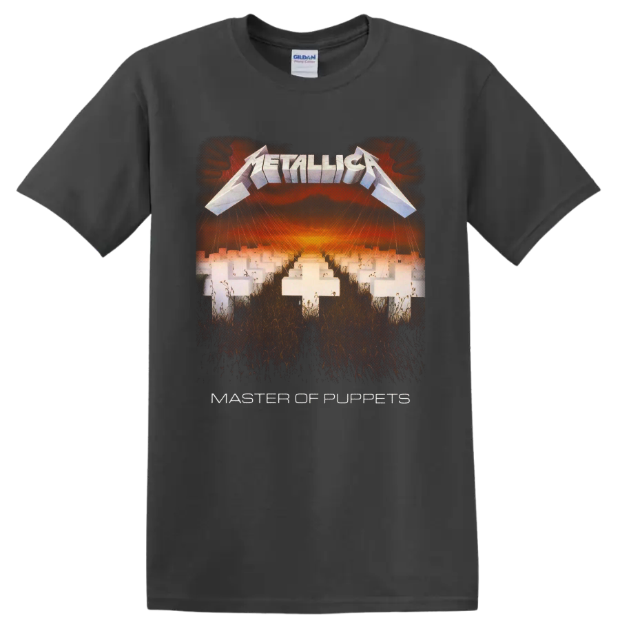Metallica Master of Puppets cemetery album art with white crosses and fiery sky on a Charcoal T Shirt