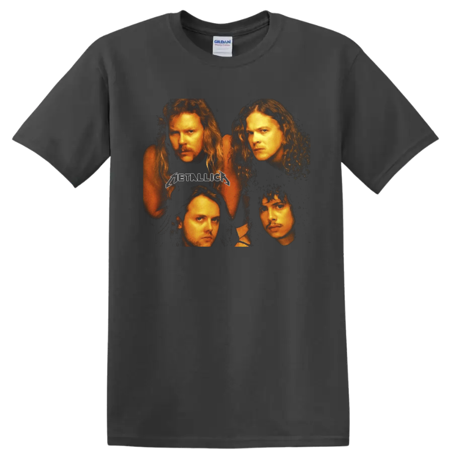 Metallica four-member portrait graphic with classic Metallica logo on a Charcoal T Shirt