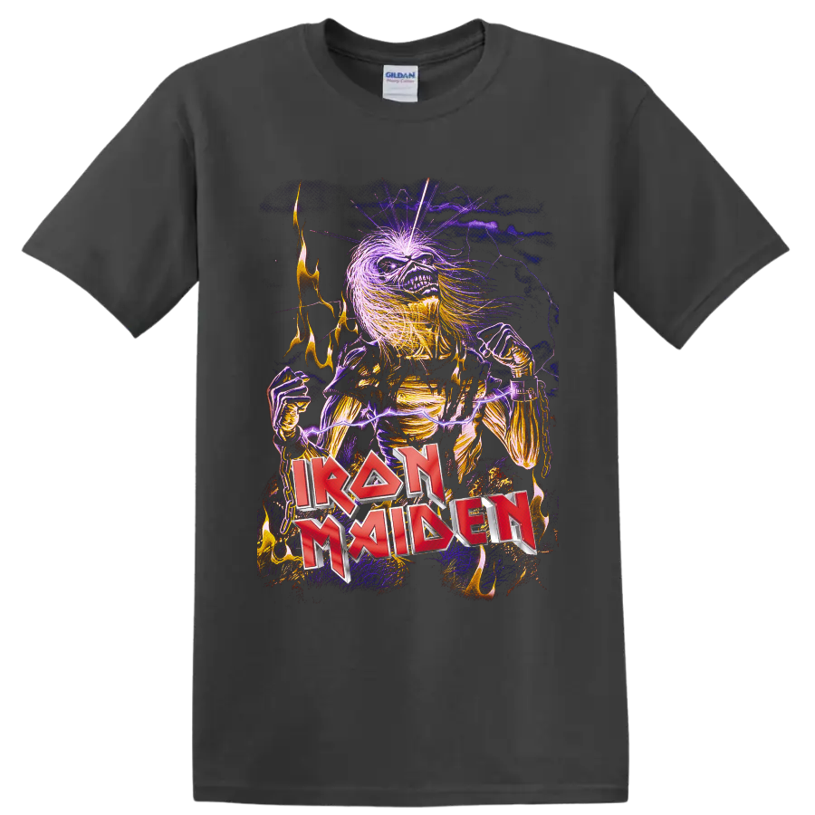 Iron Maiden Eddie skeleton with purple lightning, flames, chains, and red band logo on a Charcoal T Shirt
