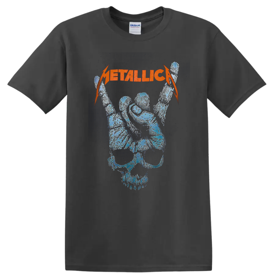 Metallica orange logo above a distressed blue skull with raised skeletal rock hand on a Charcoal T Shirt