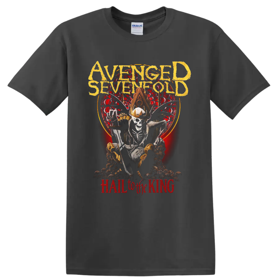 Avenged Sevenfold Hail to the King crowned skeleton gothic graphic print on a Charcoal T Shirt