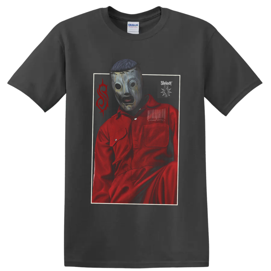 Corey Taylor Slipknot mask portrait in a red jumpsuit with distressed metal artwork on a Charcoal T Shirt