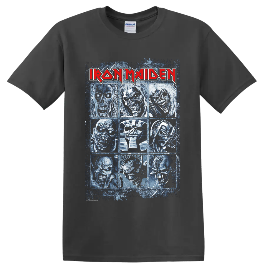 Iron Maiden Eddie the Head nine-portrait distressed heavy metal graphic on a Charcoal T Shirt