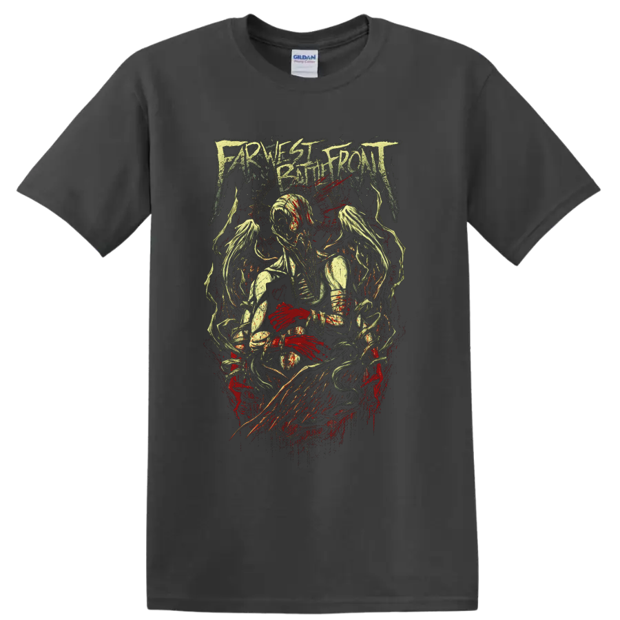 Farthest Battlefront distressed metal logo above spectral figures and red splatter on a Charcoal T Shirt
