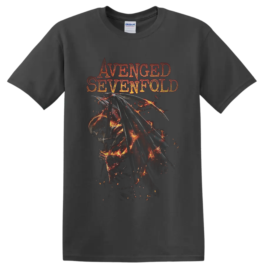 Avenged Sevenfold Deathbat with flaming wings and distressed gothic band lettering on a Charcoal T Shirt