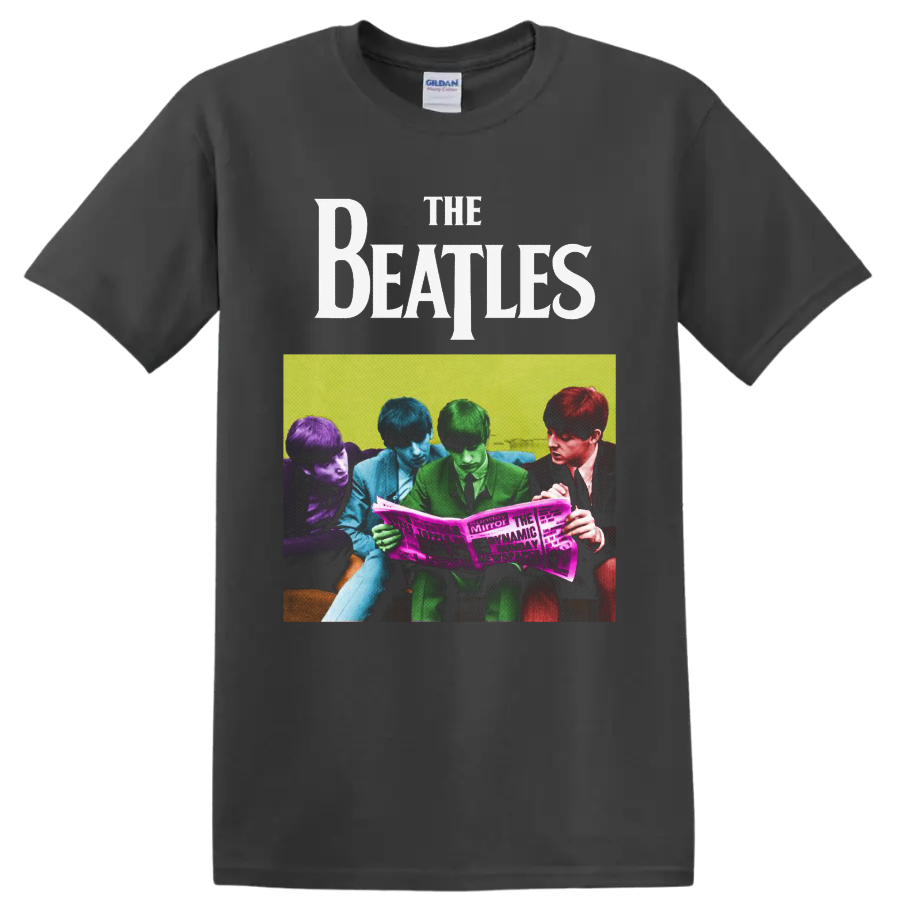 The Beatles colorized group photo reading a newspaper in retro pop-art style on a Charcoal T Shirt