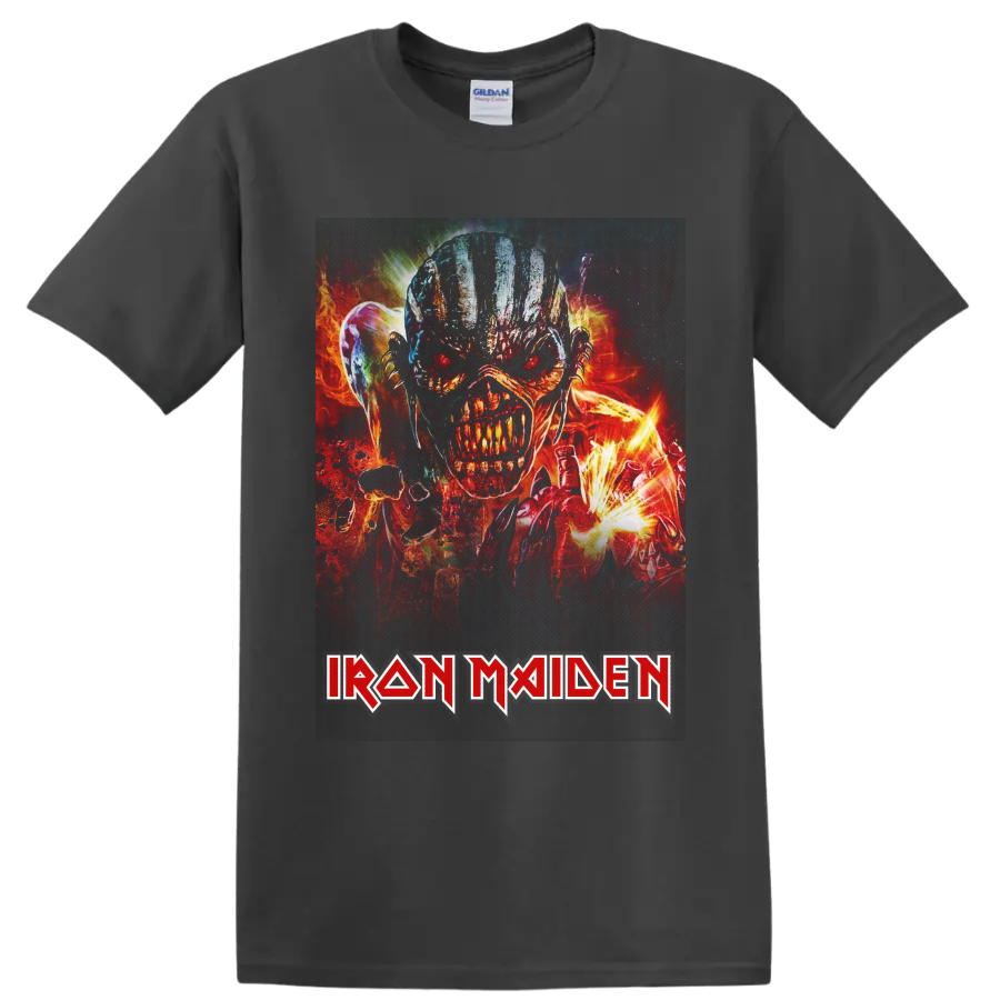 Fiery Eddie the Head heavy metal illustration with Iron Maiden logo on a Charcoal T Shirt