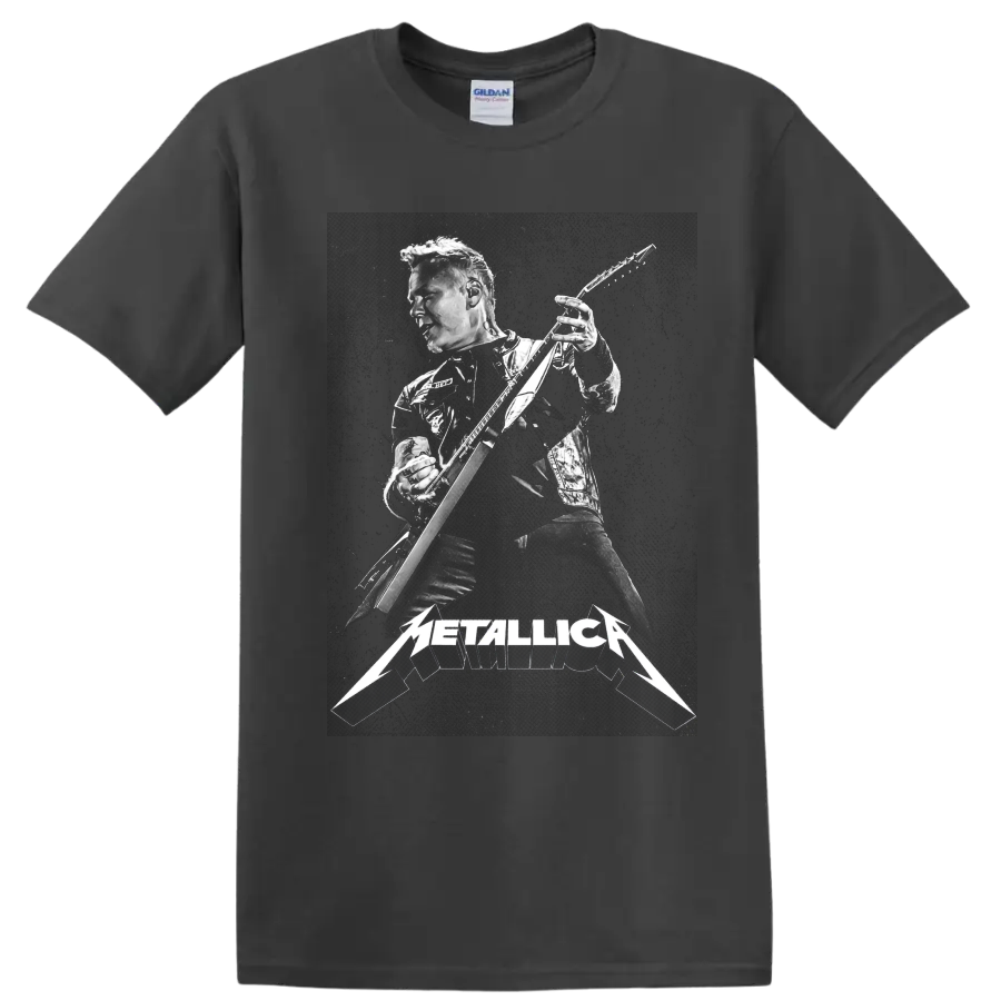 James Hetfield playing guitar in gritty monochrome with Metallica logo on a Charcoal T Shirt