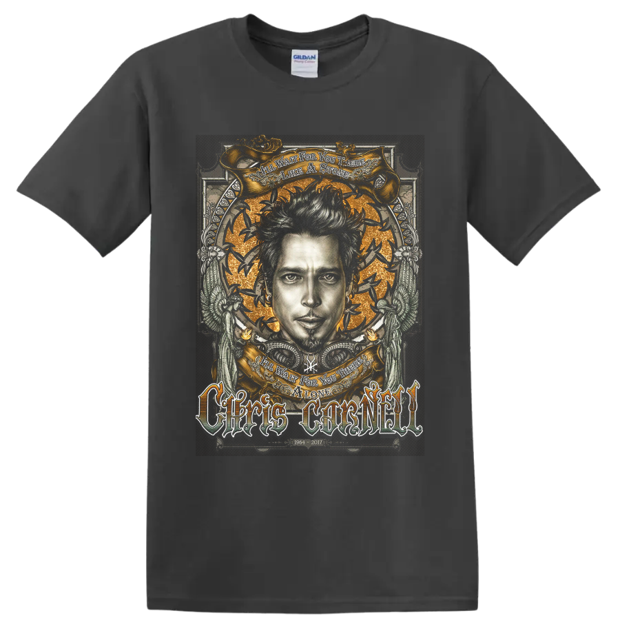 Chris Cornell gothic memorial portrait with gold banners, birds, wings, and tribute on a Charcoal T Shirt