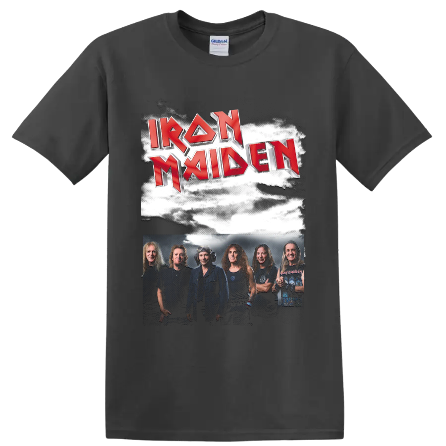 Iron Maiden red metallic logo above a smoky band group photo on a Charcoal T Shirt