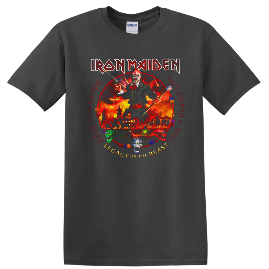 Iron Maiden Eddie in fiery Legacy of the Beast live artwork with skulls and roses on a Charcoal T Shirt