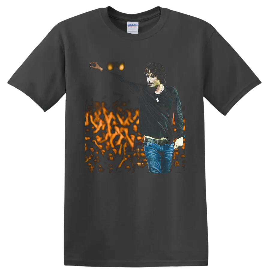 Chris Cornell live concert portrait with raised arm and glowing crowd backdrop on a Charcoal T Shirt