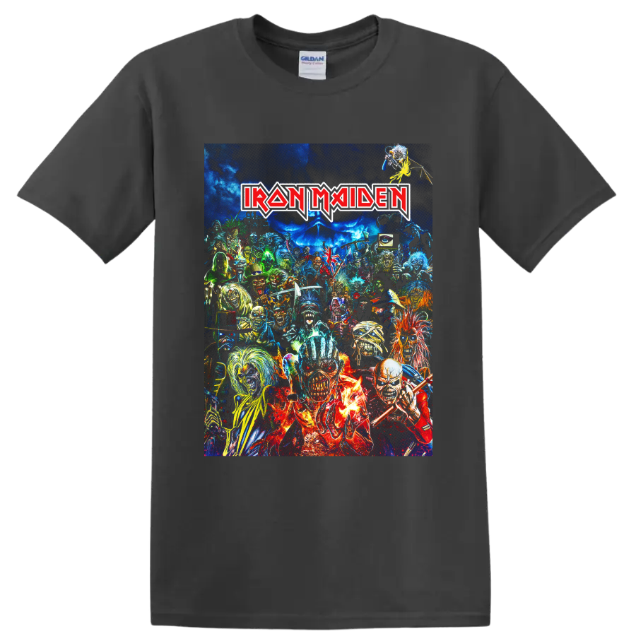 Iron Maiden Eddie the Head heavy metal collage with band logo and vivid horror artwork on a Charcoal T Shirt