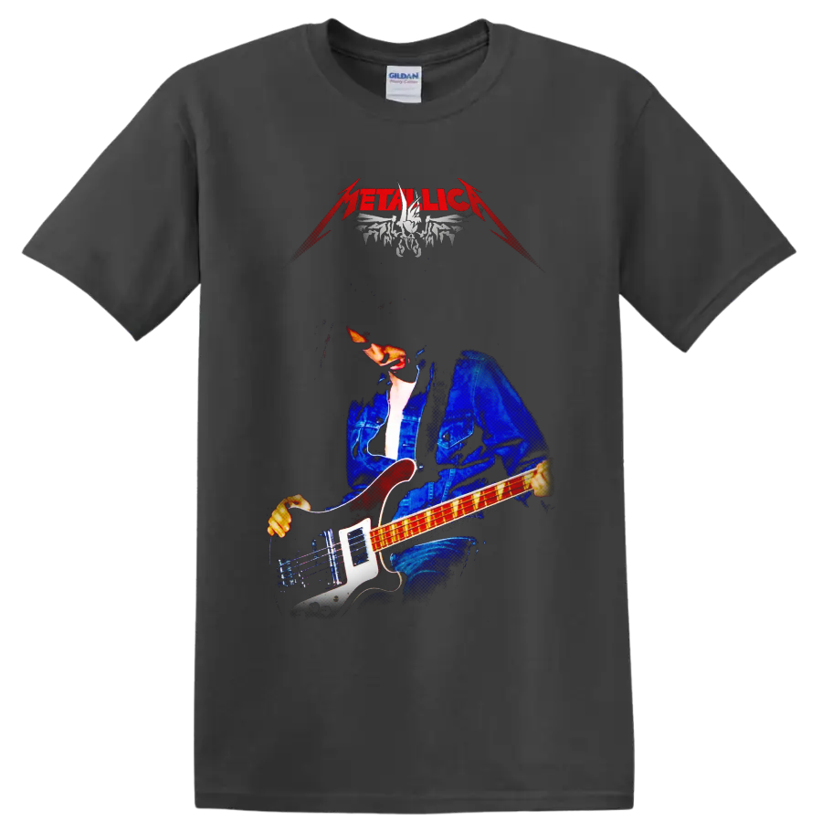 Cliff Burton playing bass in a dramatic Metallica tribute graphic on a Charcoal T Shirt