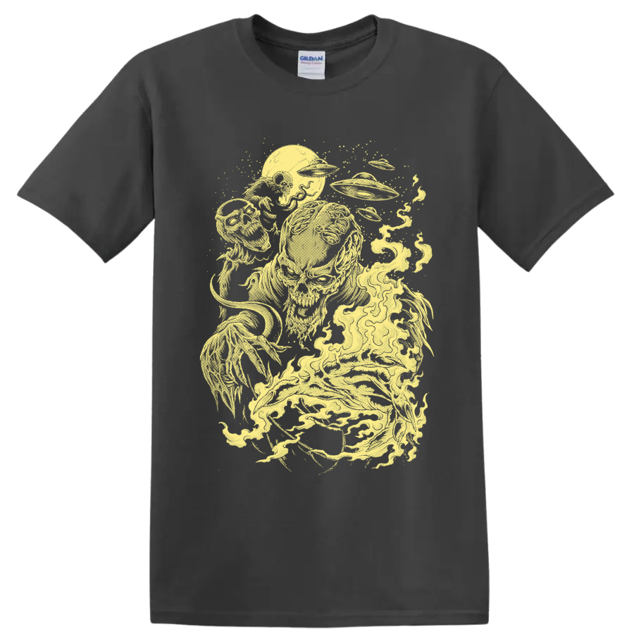 Pale-yellow alien zombie horror illustration with skull-like creatures and a flying saucer on a Charcoal T Shirt