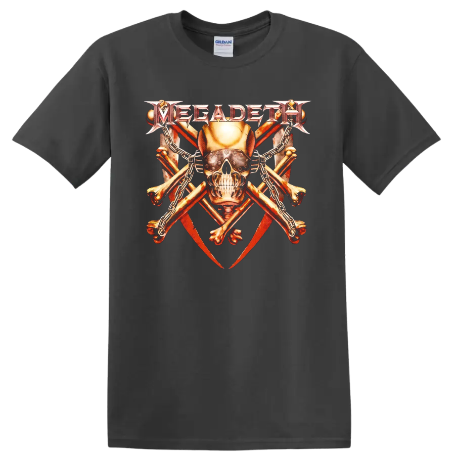 Megadeth Vic Rattlehead armored skull with chains, crossed bones, and red blades on a Charcoal T Shirt