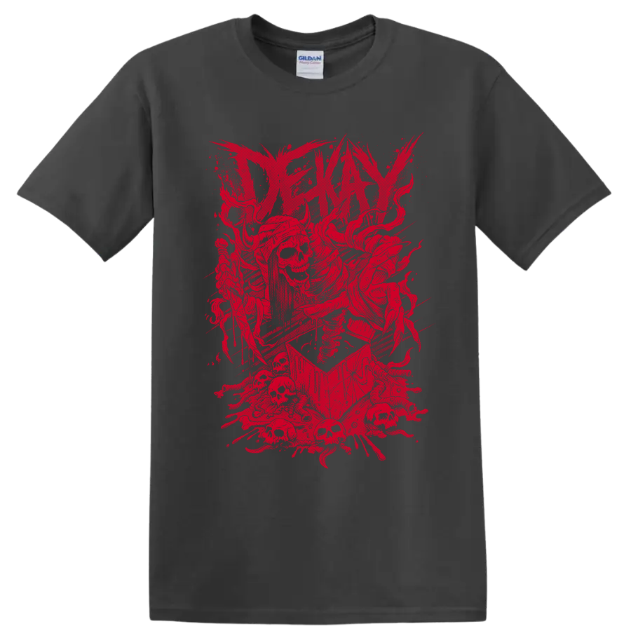 Distressed red Dekay skeleton graphic with splatter and angular rock-metal artwork on a Charcoal T Shirt