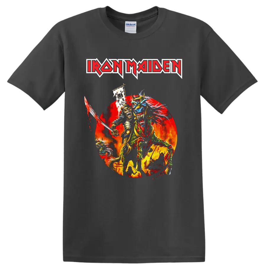 Iron Maiden Eddie the Head samurai warrior graphic with sword and fiery backdrop on a Charcoal T Shirt