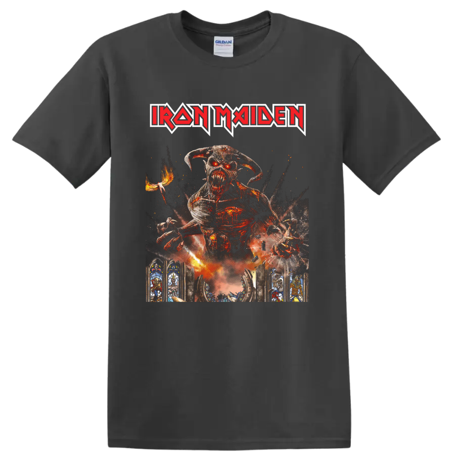 Iron Maiden Eddie the Head in fiery gothic Legacy of the Beast-inspired artwork on a Charcoal T Shirt