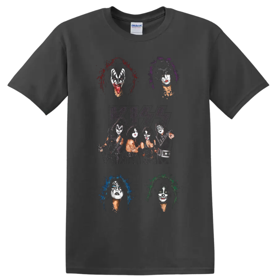 KISS original lineup portrait collage with logo and colorful paint-splatter halos on a Charcoal T Shirt