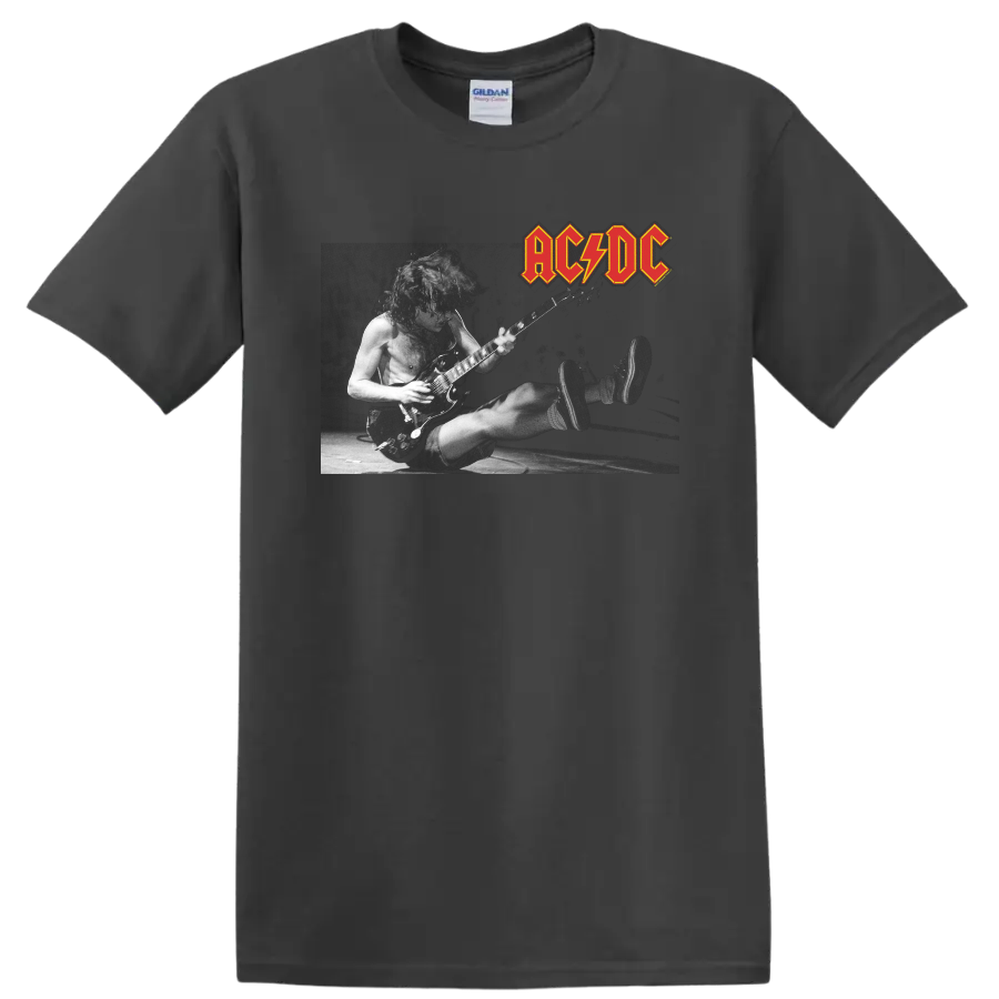 Angus Young playing guitar in a black-and-white live AC/DC concert design with band logo on a Charcoal T Shirt