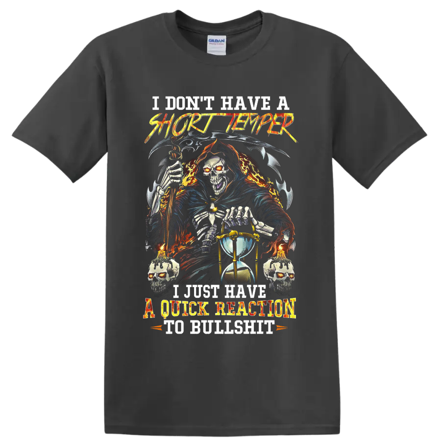 Grim Reaper with scythe, hourglass, skulls, and sarcastic gothic quote on a Charcoal T Shirt