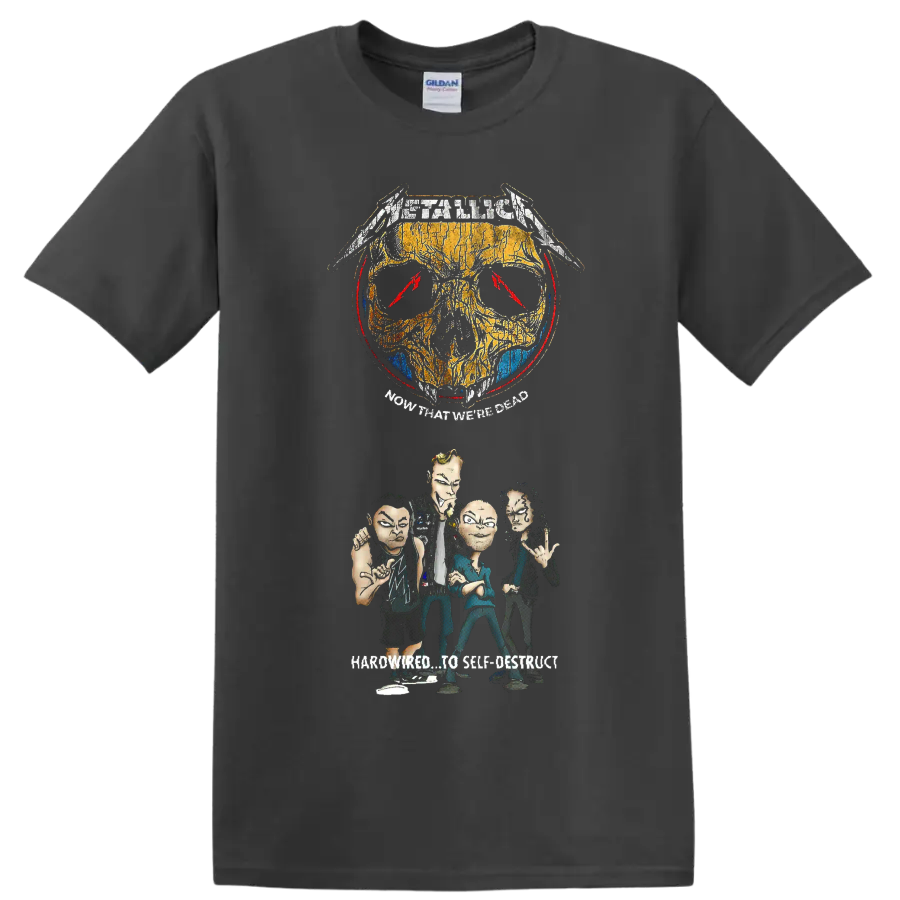 Metallica Now That We're Dead distressed skull and illustrated band graphic on a Charcoal T Shirt
