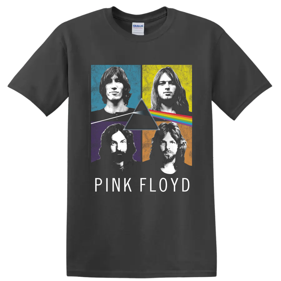 Pink Floyd member portraits with Dark Side of the Moon prism and rainbow graphic on a Charcoal T Shirt