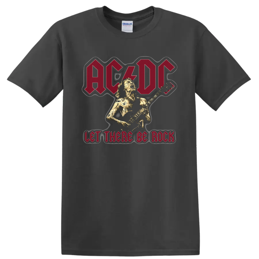 AC/DC Let There Be Rock graphic with Angus Young playing electric guitar on a Charcoal T Shirt