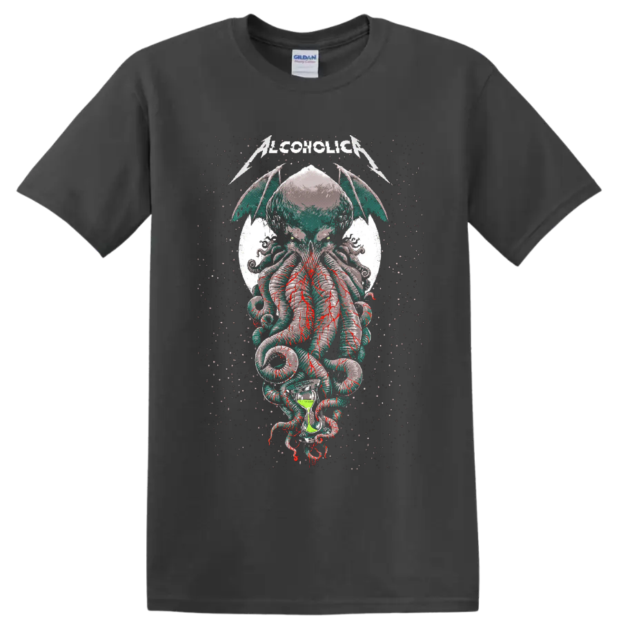 Alcoholica Cthulhu horror metal graphic with winged tentacles and hourglass on a Charcoal T Shirt