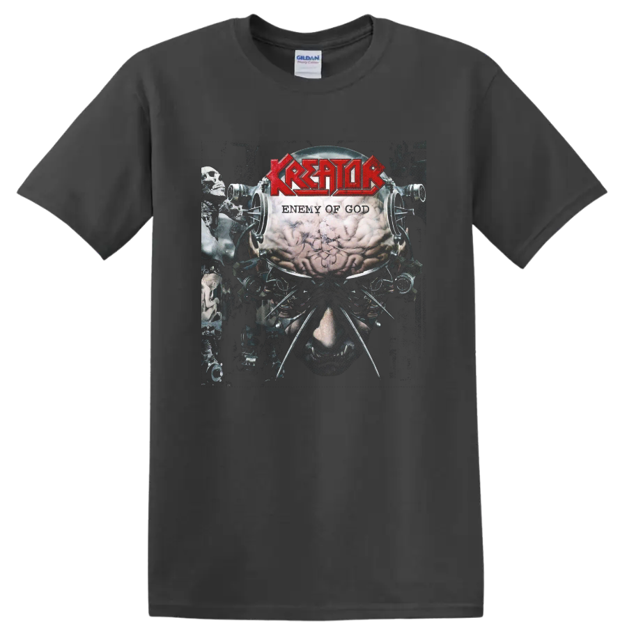 Kreator Enemy of God album art with red logo, brain, skulls, and mechanical horror imagery on a Charcoal T Shirt