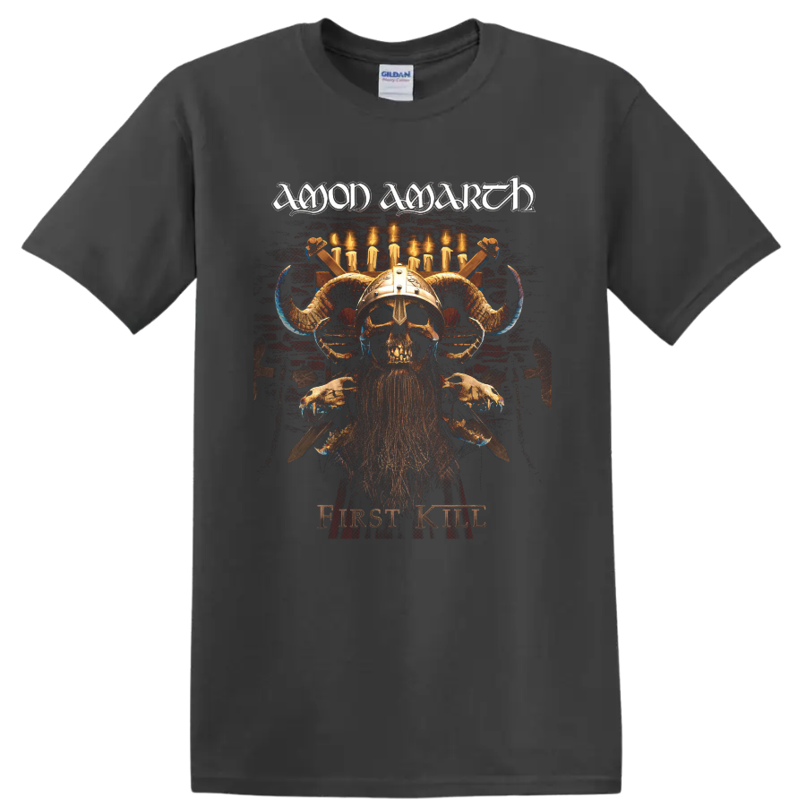 Amon Amarth First Kill Viking skull warrior graphic with horned helmet and candles on a Charcoal T Shirt